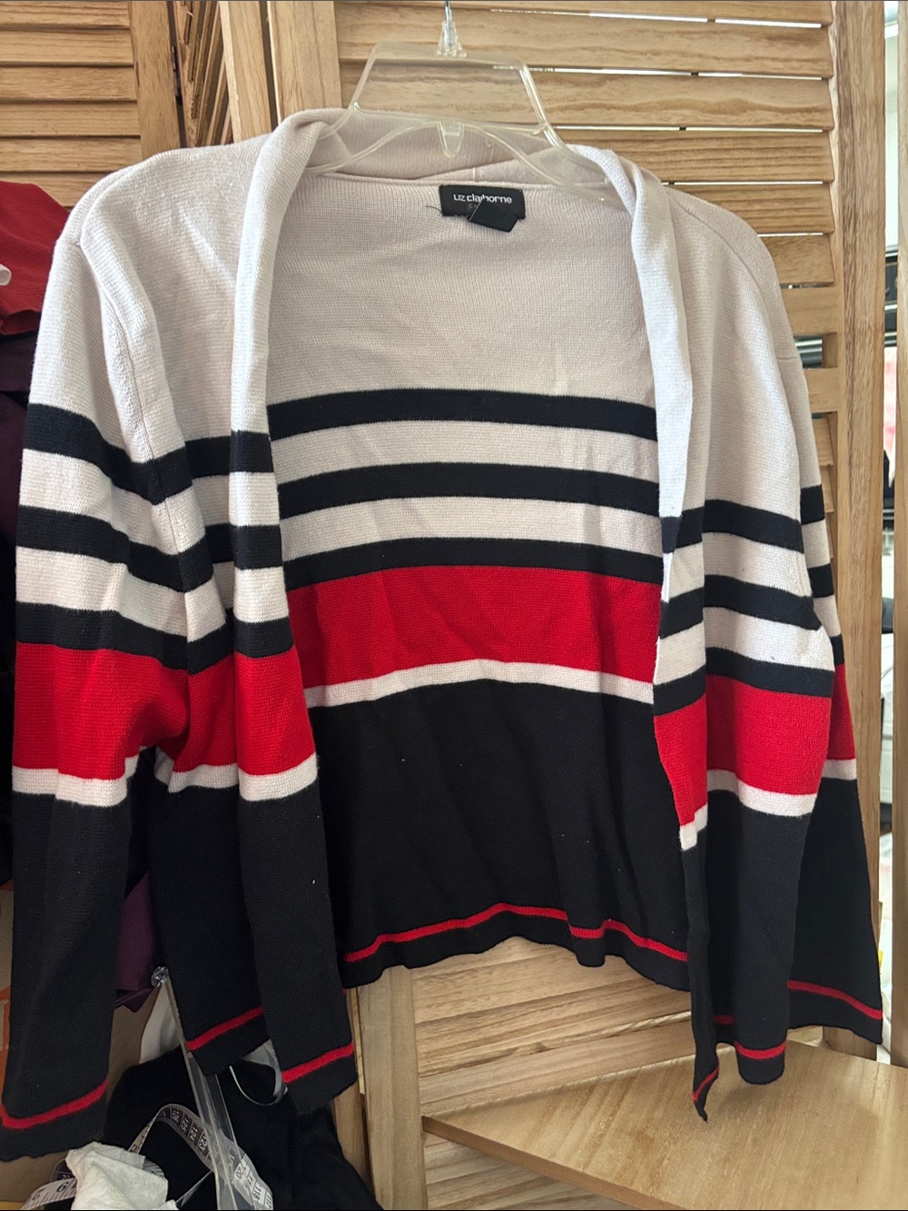 Liz Claiborne Red, Black & White Striped Open Cardigan Large